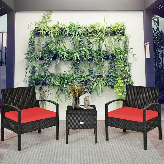 Costway 3PCS Patio Rattan Furniture Set Storage Table Cushioned Sofa Deck Red