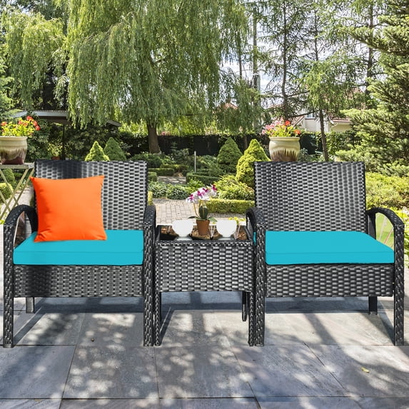 Costway 3PCS Patio Rattan Furniture Set Storage Table Cushioned Sofa Turquoise