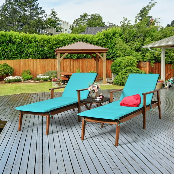 Costway 3PCS Patio Rattan Lounge Chair Folding Table Set Chaise Wood Cushioned Turquoise