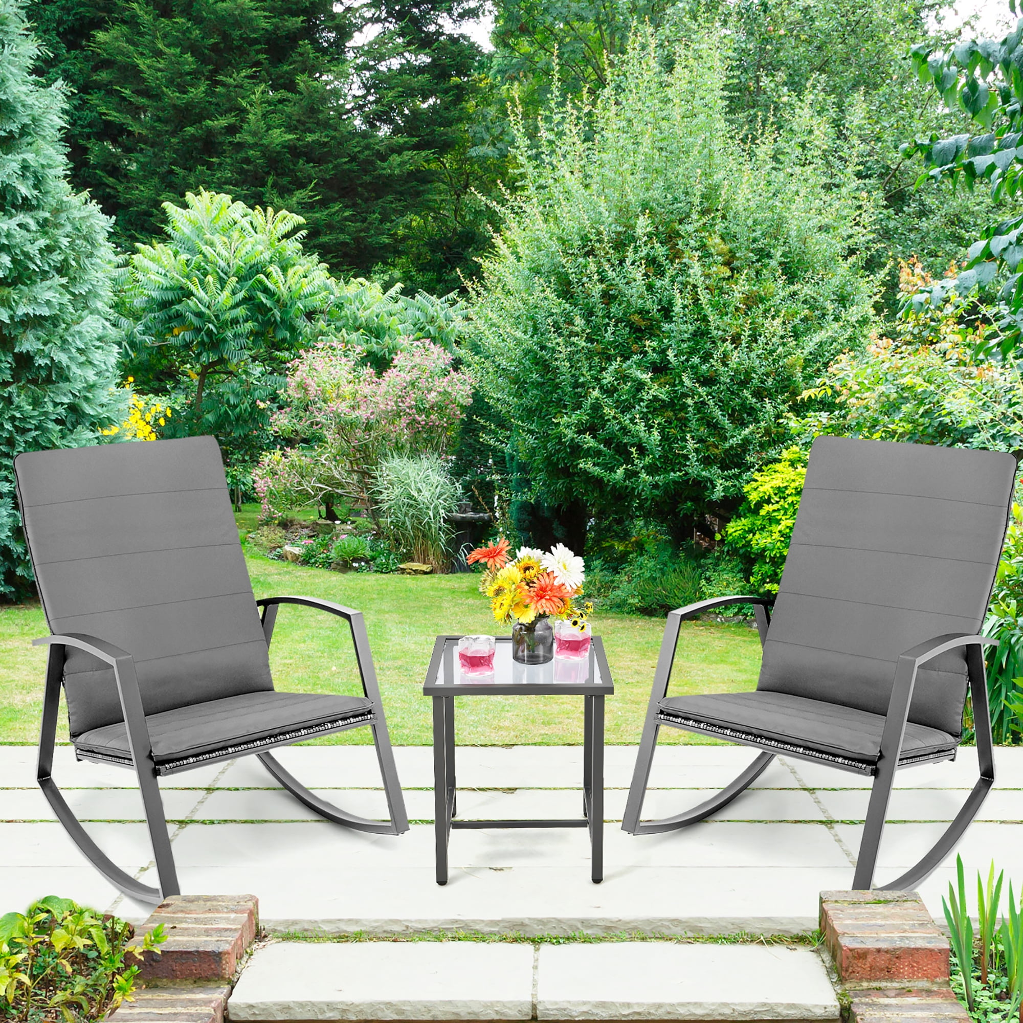 Outdoor Furniture Madison Padded Rocking Bistro Set 3pc Costway