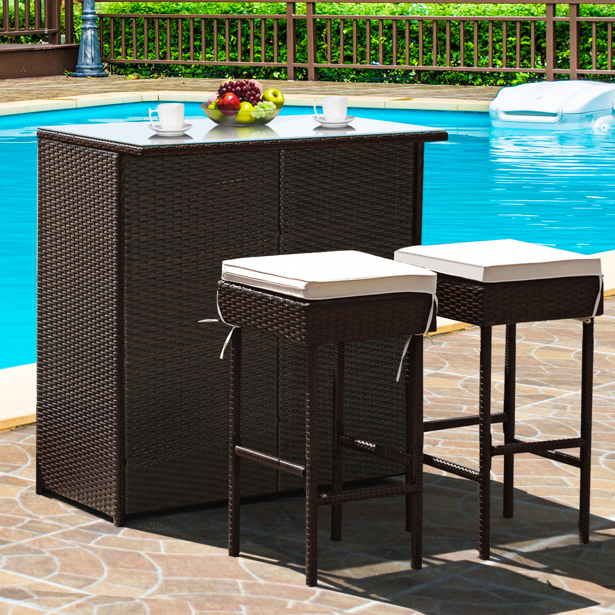 Costway 3PCS Patio Rattan Wicker Bar Table Stools Dining Set Cushioned Chairs Garden - image 1 of 10