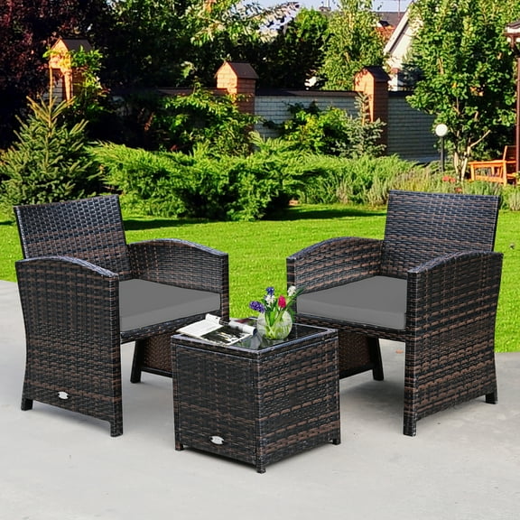 Costway 3PCS Patio Rattan Wicker Furniture Cushion Sofa Coffee Table Gray