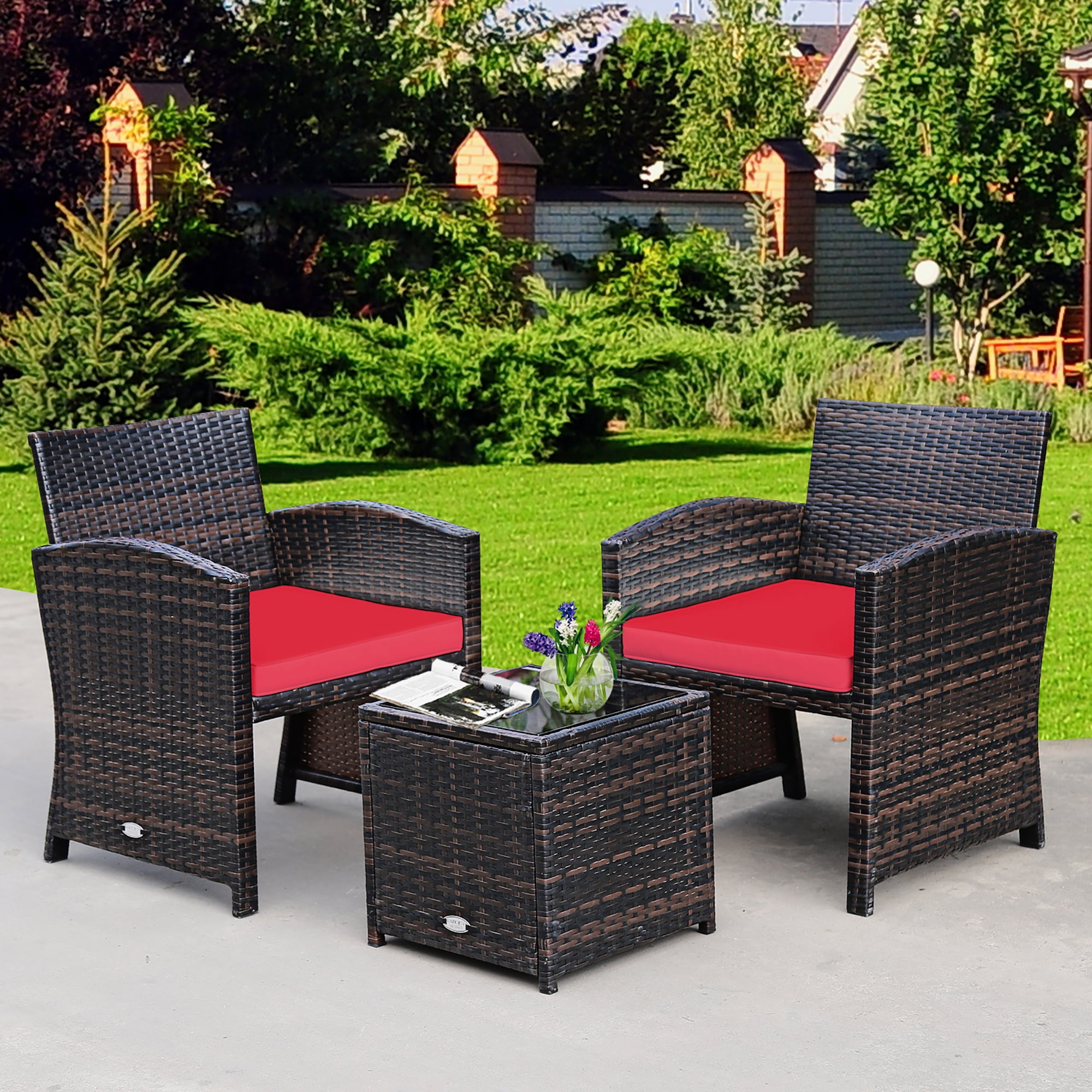 Costway 3PCS Rattan Wicker Outdoor Furniture Set - Cushion Sofa, Coffee Table, Red