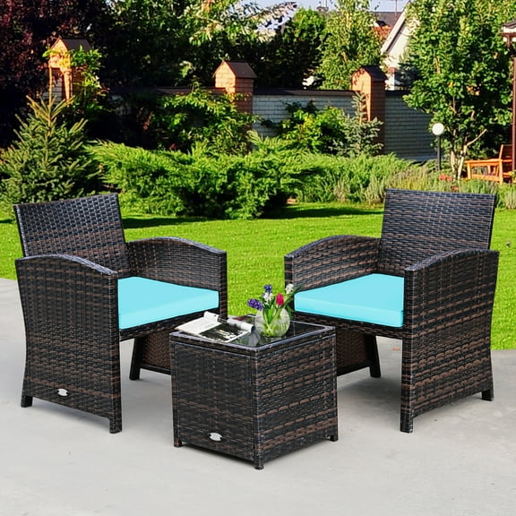 Costway 3PCS Patio Rattan Wicker Furniture Cushion Sofa Coffee Table Turquoise