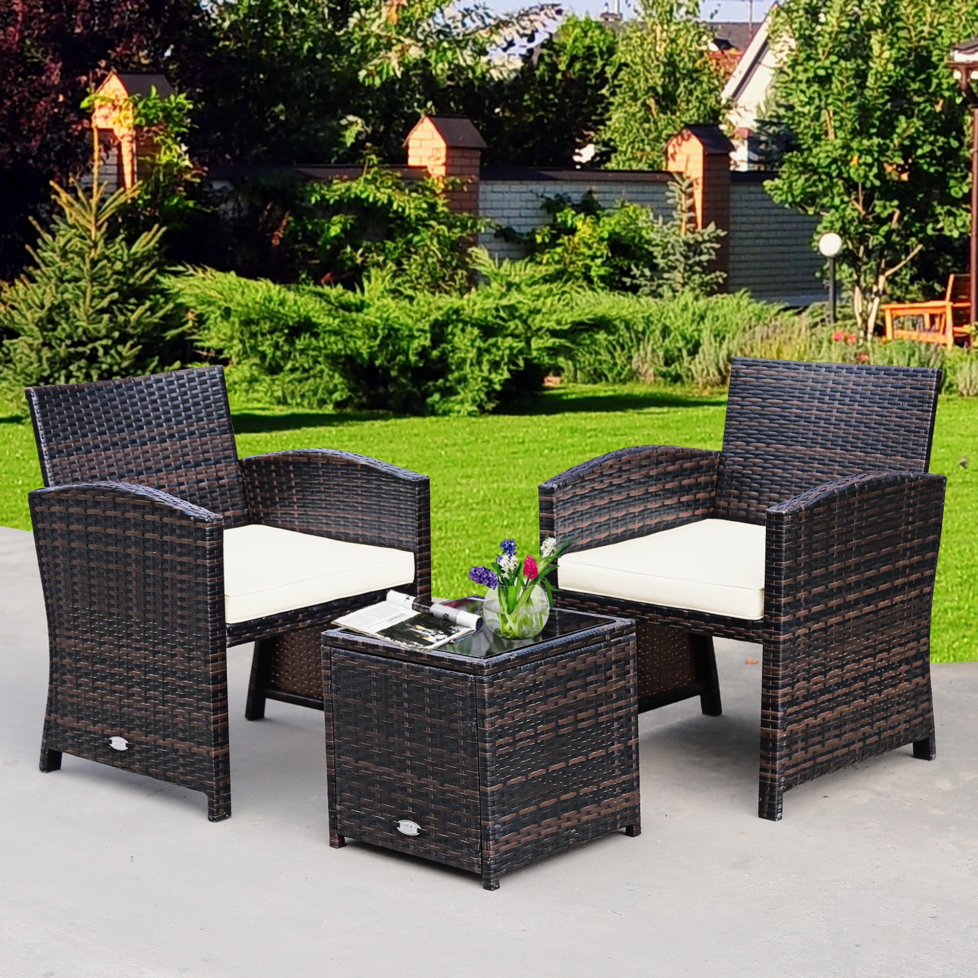 Cushion Patio Furniture Set Outdoor Wicker Sofas Rattan Chair Table Flat Chair Set 3pcs main image 1