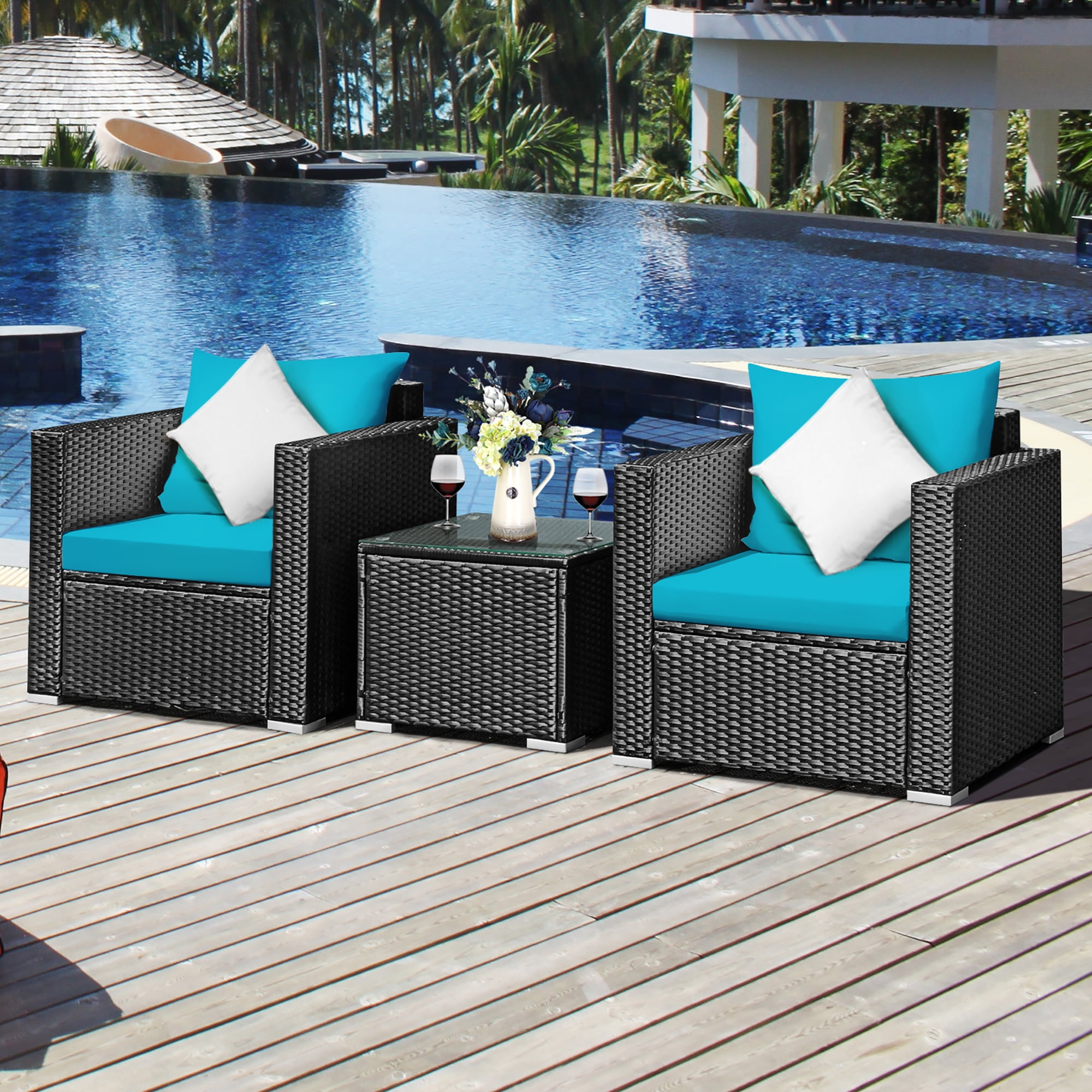 Costway 3PCS Outdoor Weather-Resistant Rattan Patio Furniture Set with Sofa, Table and Turquoise Cushions