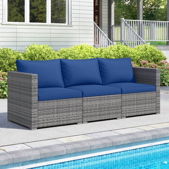 Costway 3PCS Patio Sectional Sofa Set, PE Rattan Modular Couch Furniture Set with Cushions Navy + Mix Gray