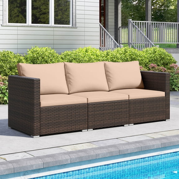 Costway 3PCS Patio Sectional Sofa Set with Right Arm Sofa & Left Arm Sofa, Soft Cushions Beige + Mix Brown