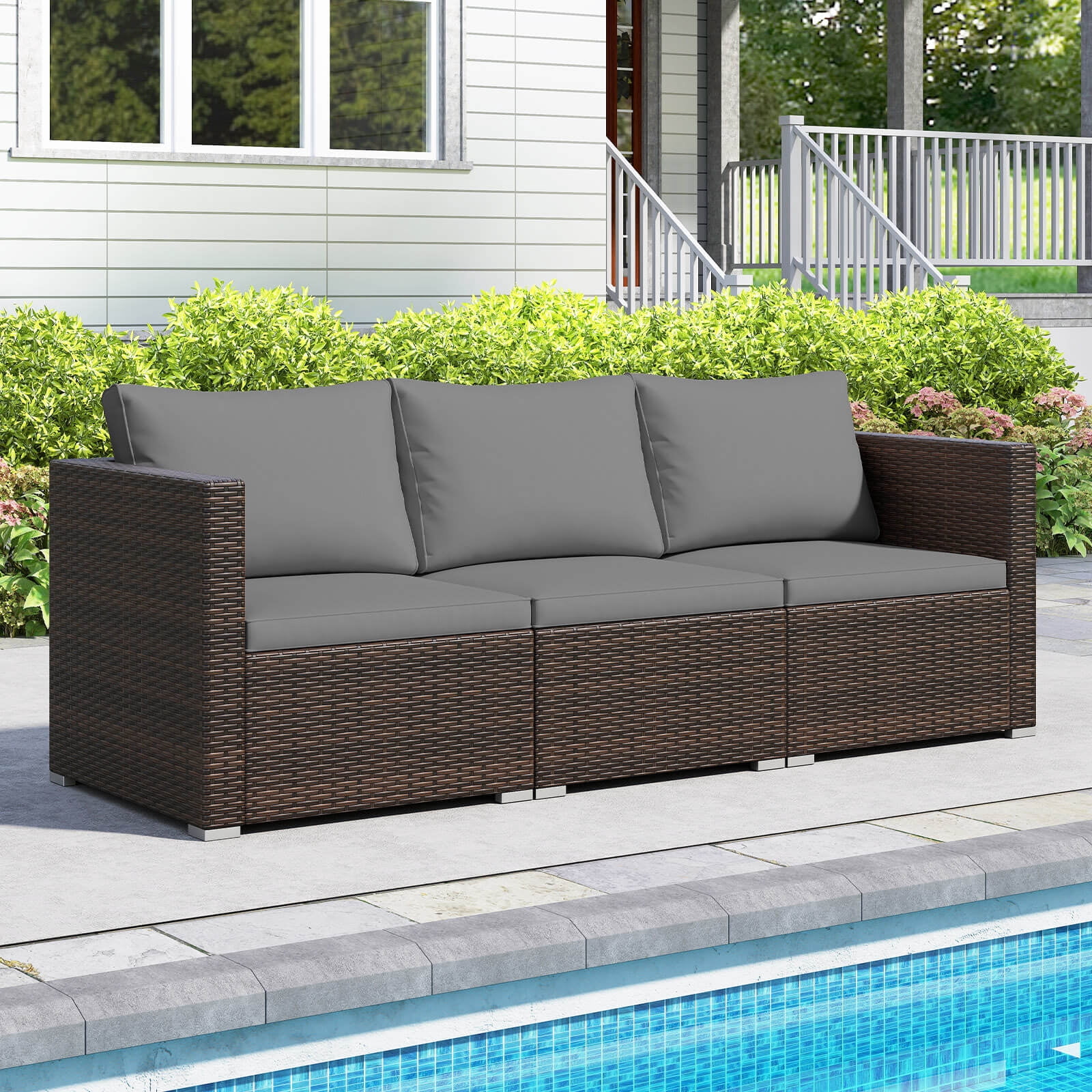 Costway 3PCS Patio Sectional Sofa Set with Right Arm Sofa & Left Arm Sofa, Soft Cushions Gray + Mix Brown