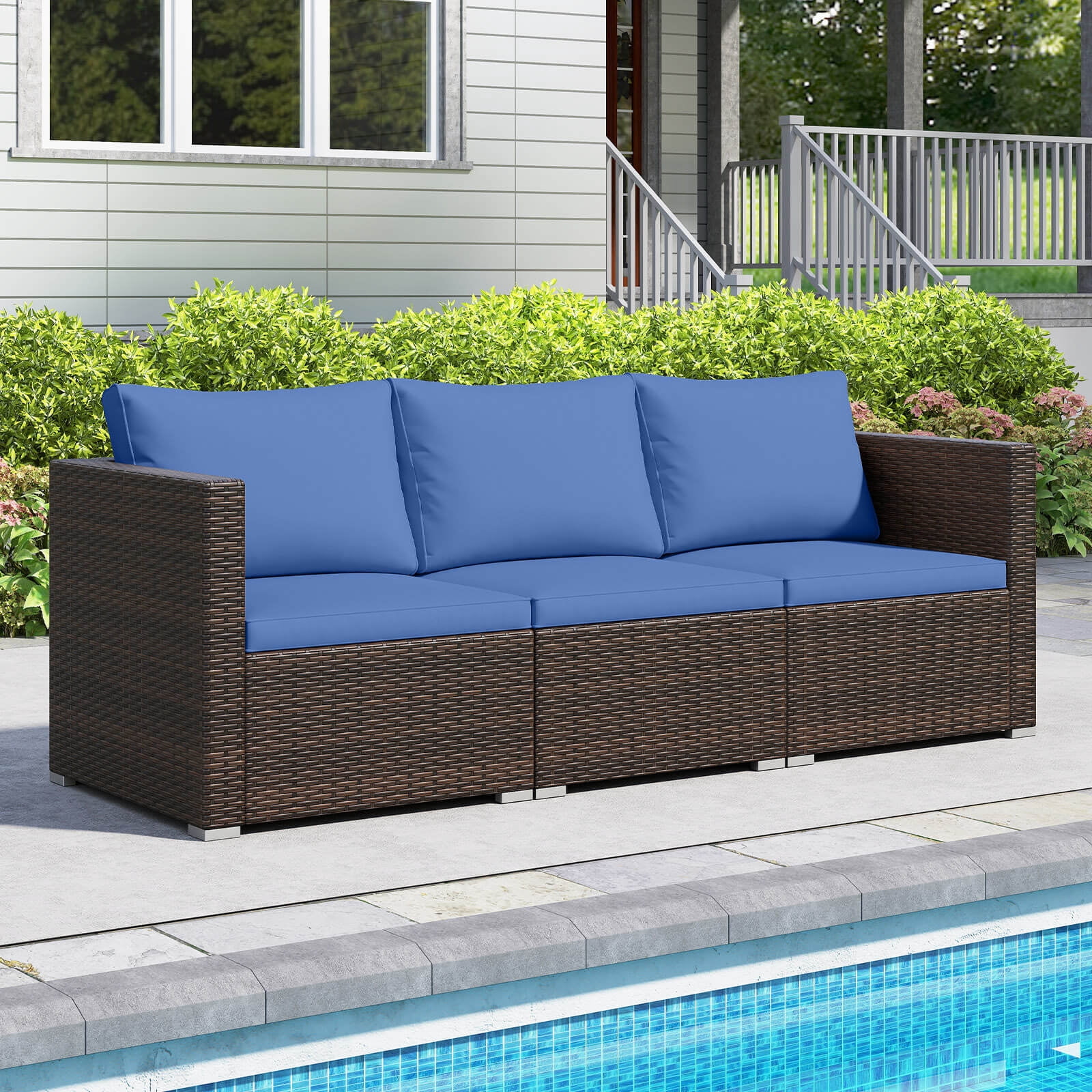 Costway 3PCS Patio Sectional Sofa Set with Right Arm Sofa & Left Arm Sofa, Soft Cushions Navy + Mix Brown