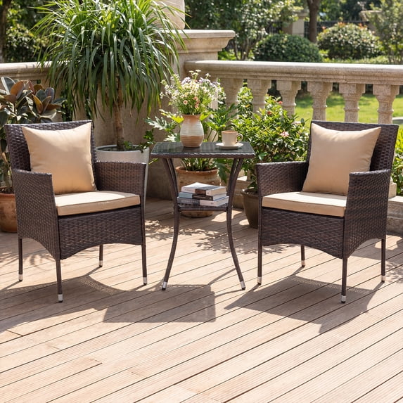 Costway 3PCS Patio Wicker Bistro Set, 2 Rattan Chairs with Double-Tier Tempered Glass Table Mix Brown+Beige