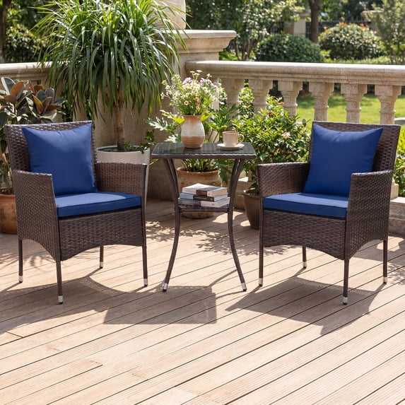 Costway 3PCS Patio Wicker Bistro Set, 2 Rattan Chairs with Double-Tier Tempered Glass Table Mix Brown+Blue