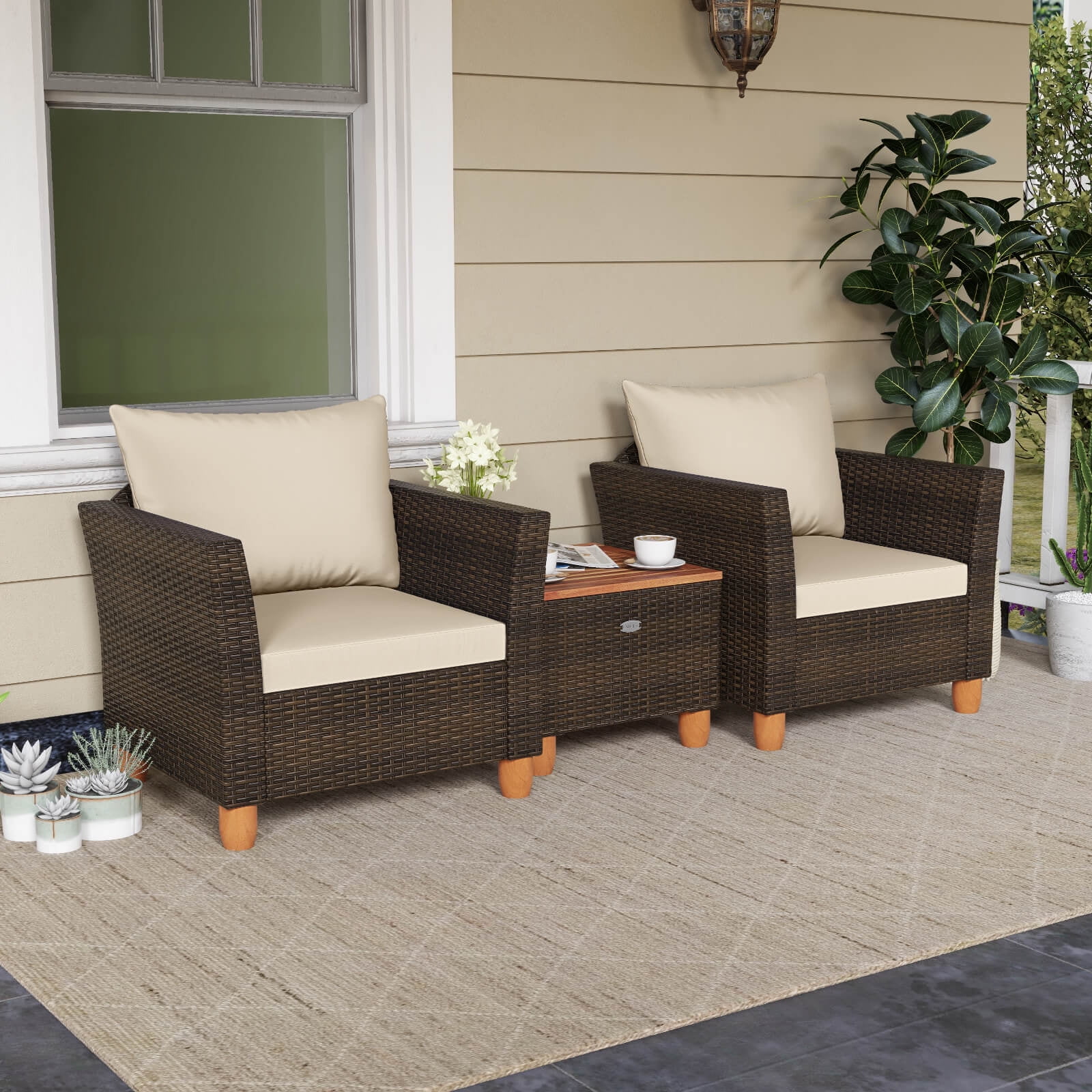 Costway 3PCS Patio Wicker Rattan Sofa Set Furniture Outdoor Acacia Wood Conversation Brown