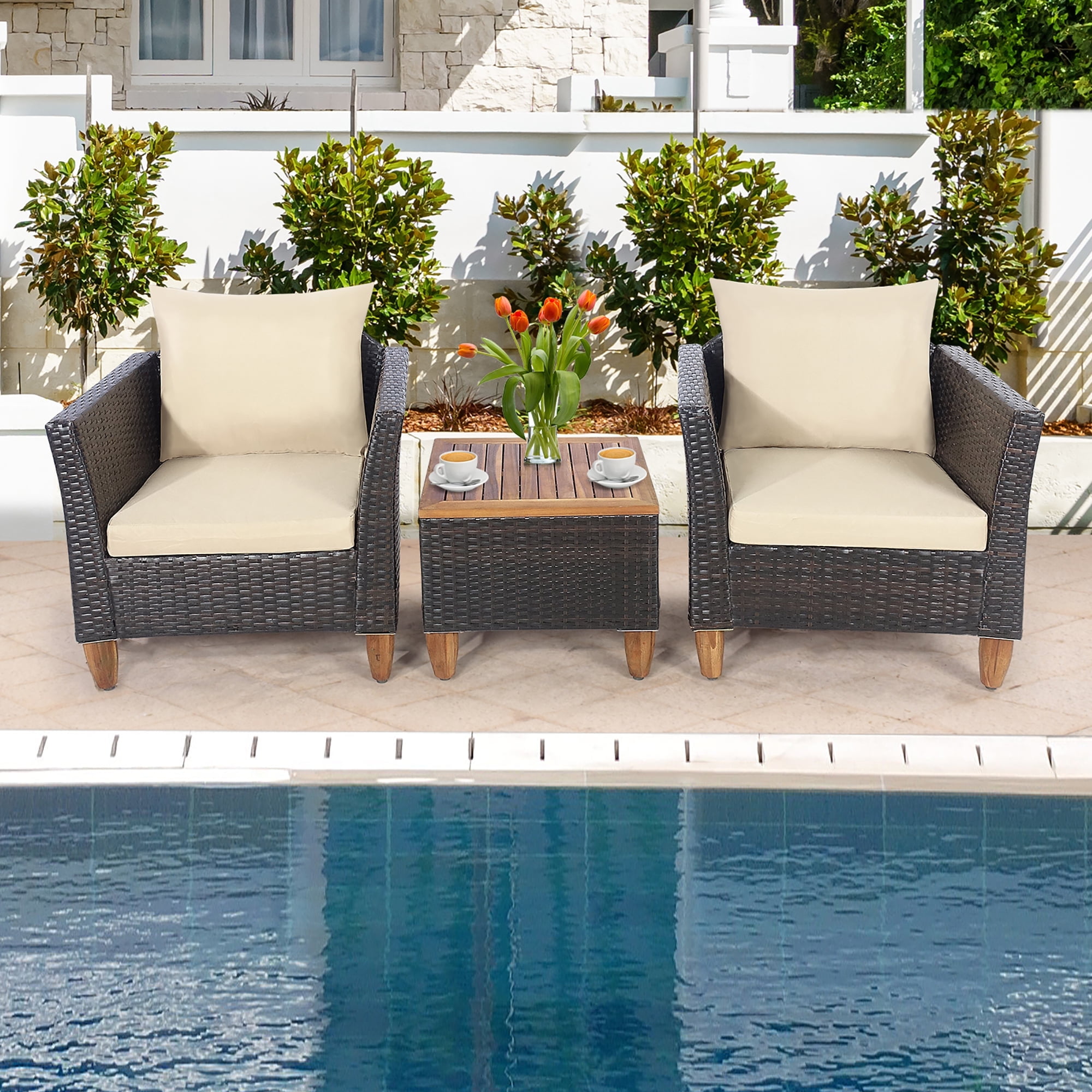 Costway 3pcs outdoor patio mix brown rattan wicker furniture set with beige cushions online