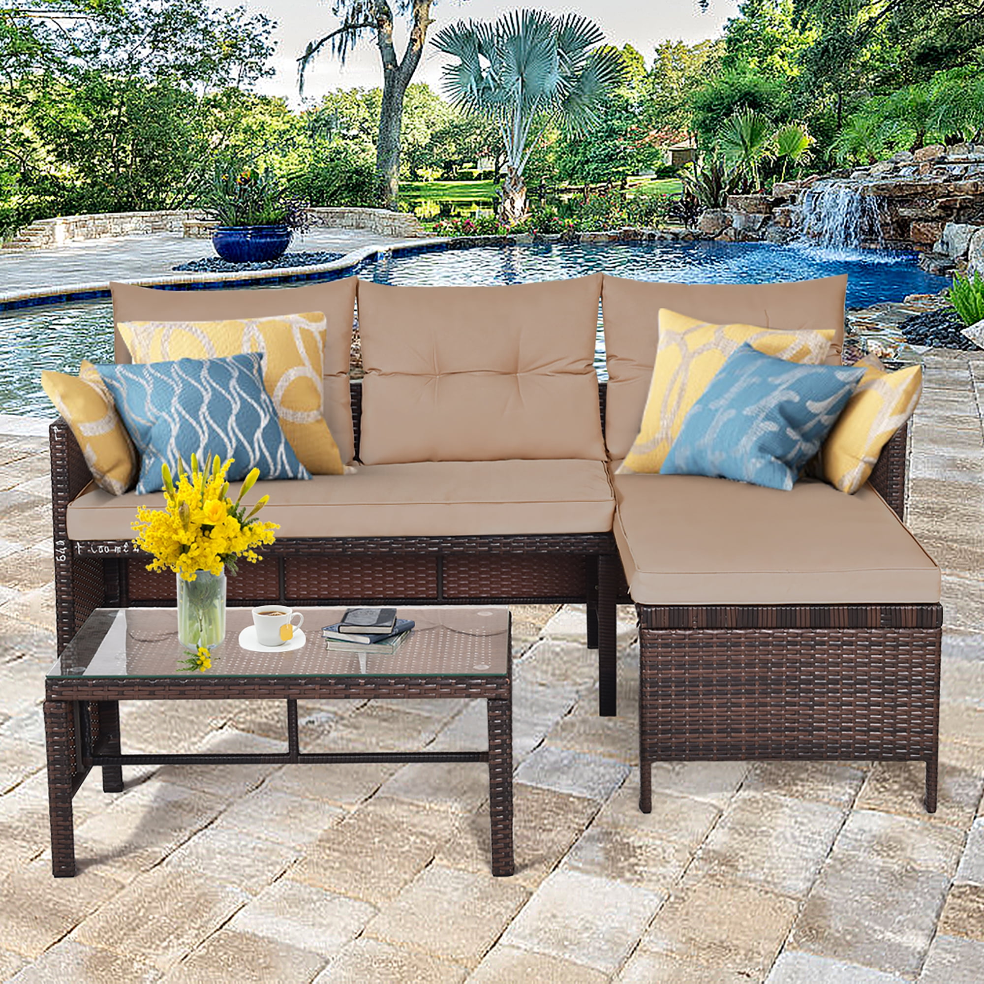 Costway 3 pcs cushioned outdoor wicker patio set garden lawn sofa seat sale