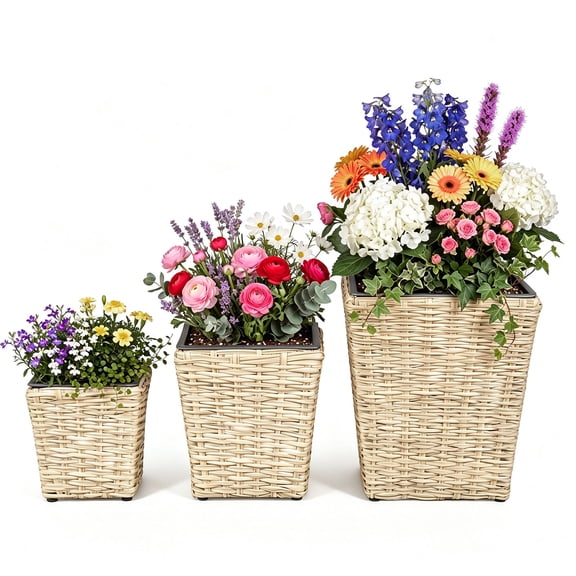Costway 3PCS Rattan Planter Box Kit with Removable Plastic Liners for Indoor Outdoor Plants Natural & Black