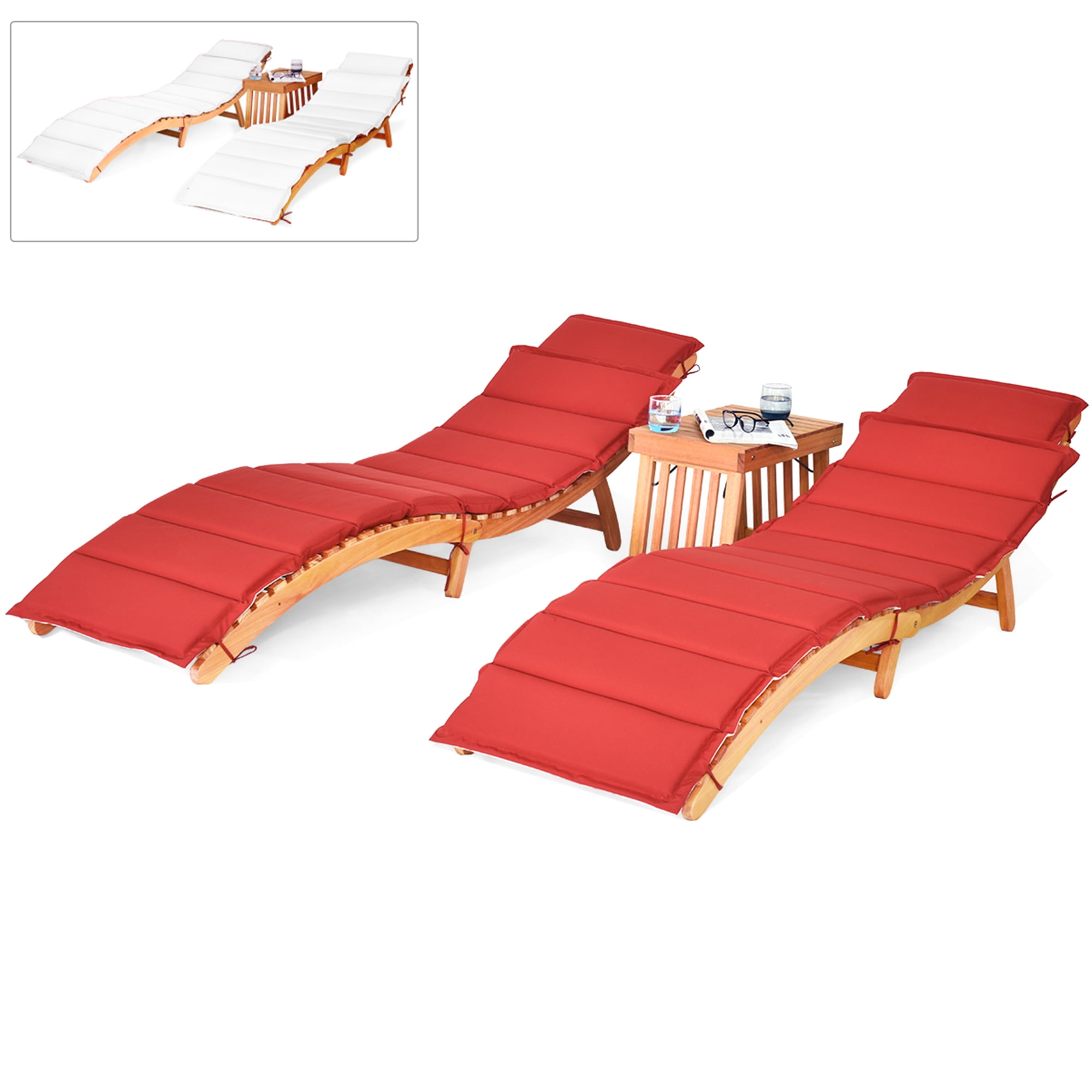 Eucalyptus Wood Lounge Chair Set with Red and White Cushions
