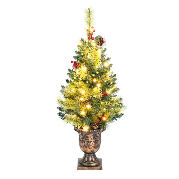 Costway 3ft Pre-Lit Christmas Entrance Tree In Urn w/ 40 LED Light Red Berries Pine Cone
