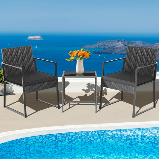 Costway 3pcs Patio Furniture Set Heavy Duty Cushioned Wicker Rattan Chairs Table Outdoor