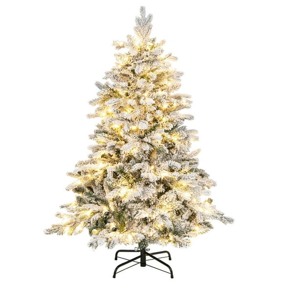 Costway 4.5 FT Pre-Lit Flocked Christmas Tree Hinged w/ 120 LED Lights & 757 Branch Tips