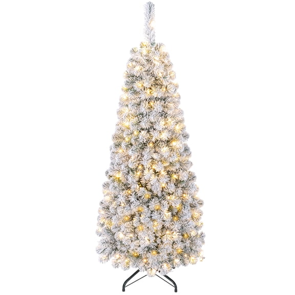 Costway 4.5Ft Pre-lit Snow Flocked Artificial Pencil Christmas Pine Tree with 150 LED Lights