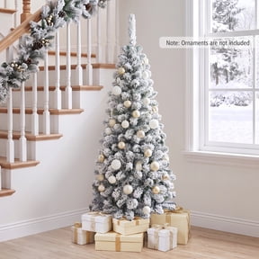 Costway 4.5 FT Unlit Flocked Pencil Christmas Tree Hinged with 242 Branch Tips