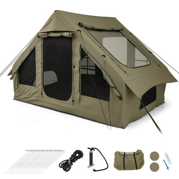 Costway 4-6 Person Inflatable Tent Green 9.8 ft x 6.9 ft with 4 Mesh Windows 2 Doors Skylight