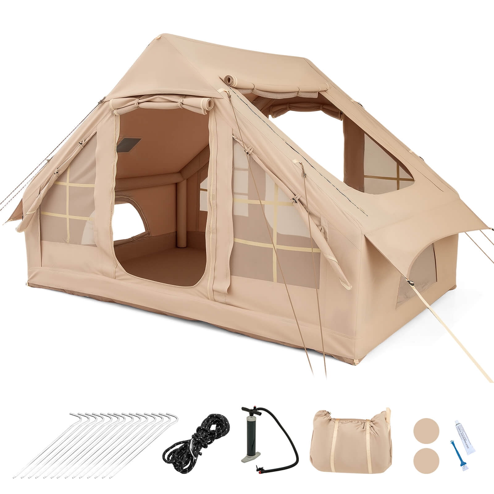 Costway 4-6 People Inflatable Tent with 4 Mesh Screen Windows 2 Doors Skylight Carrying Bag White