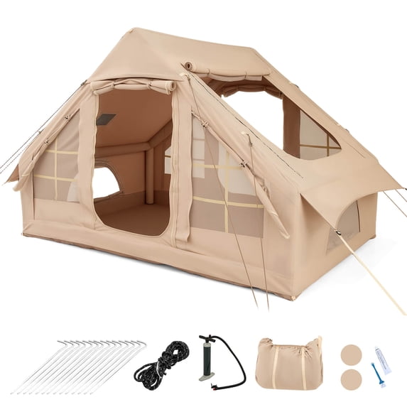 Costway 4-6 People Inflatable Tent with 4 Mesh Screen Windows 2 Doors Skylight Carrying Bag White