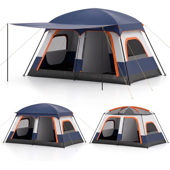 Costway 4-6 Person Camping Tent with Porch & 2 Rooms, 2 Doors, Rainfly, Mesh Windows Blue