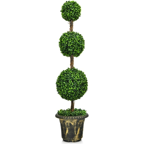 Costway 4' Artificial Topiary Triple Ball Tree Plant with UV Resistant in Green