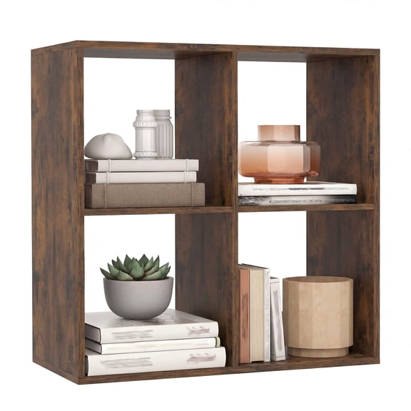 Costway 4-Cube Bookshelf, Modern Cubby Bookcase with Back Guardrail & Anti-tipping Kits Brown