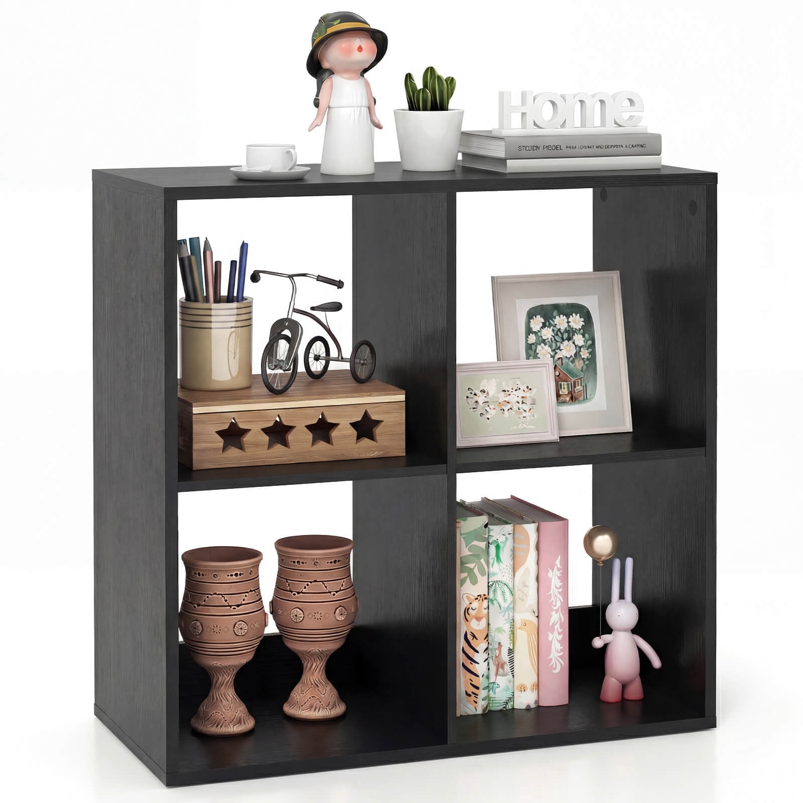 Costway 4-Cube Open Bookshelf with Anti-tip Kits Home Modern Style Storage Shelf for Study Black
