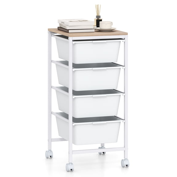 Costway 4-Drawer Arts Rolling Storage Cart with Wooden Tabletop & Lockable Wheels for Office Natural + White