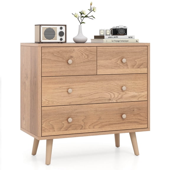 Costway 4 Drawer Dresser for Bedroom Wide Chest of Drawers with Metal Guide Rails Natural
