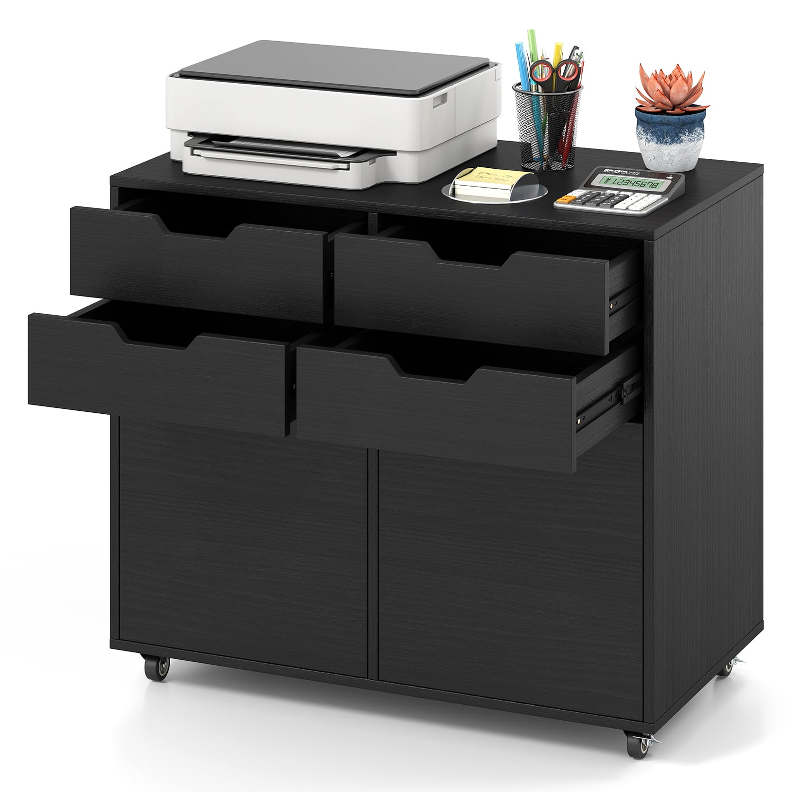 Costway 4 Drawer File Cabinet Rolling Printer Stand with Wheels Wooden Chest of Drawers Black