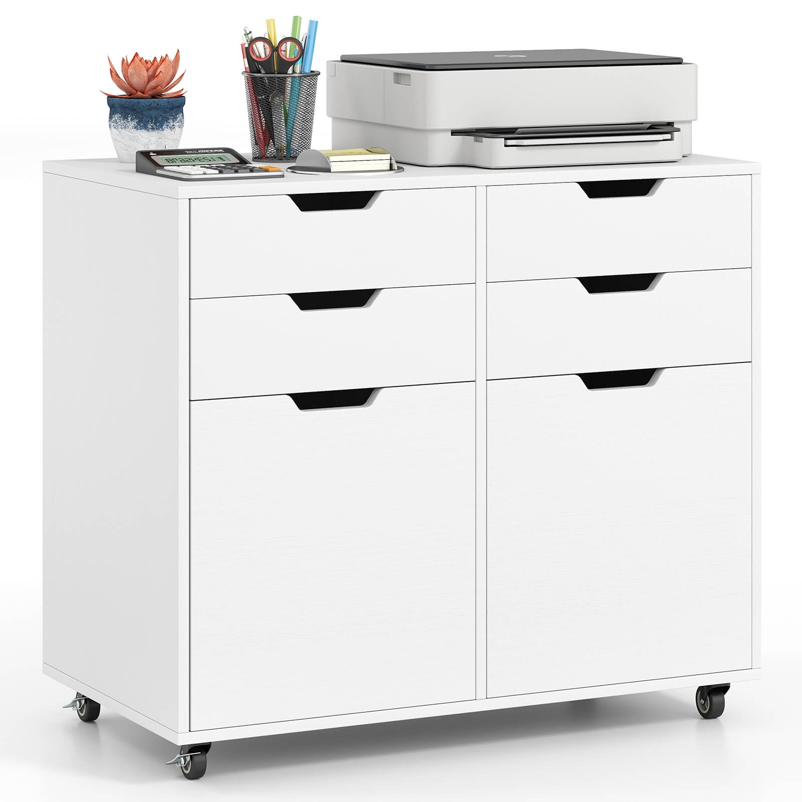 Costway 4 Drawer File Cabinet Rolling Printer Stand with Wheels Wooden Chest of Drawers