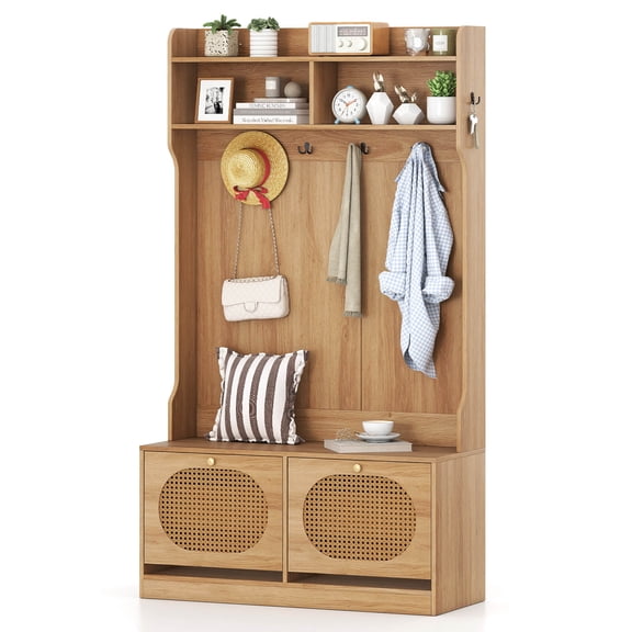 Costway 4-In-1 Hall Tree Entryway Bench with Coat Rack & Flip Drawers 6 Dual-Hook Hangers Natural