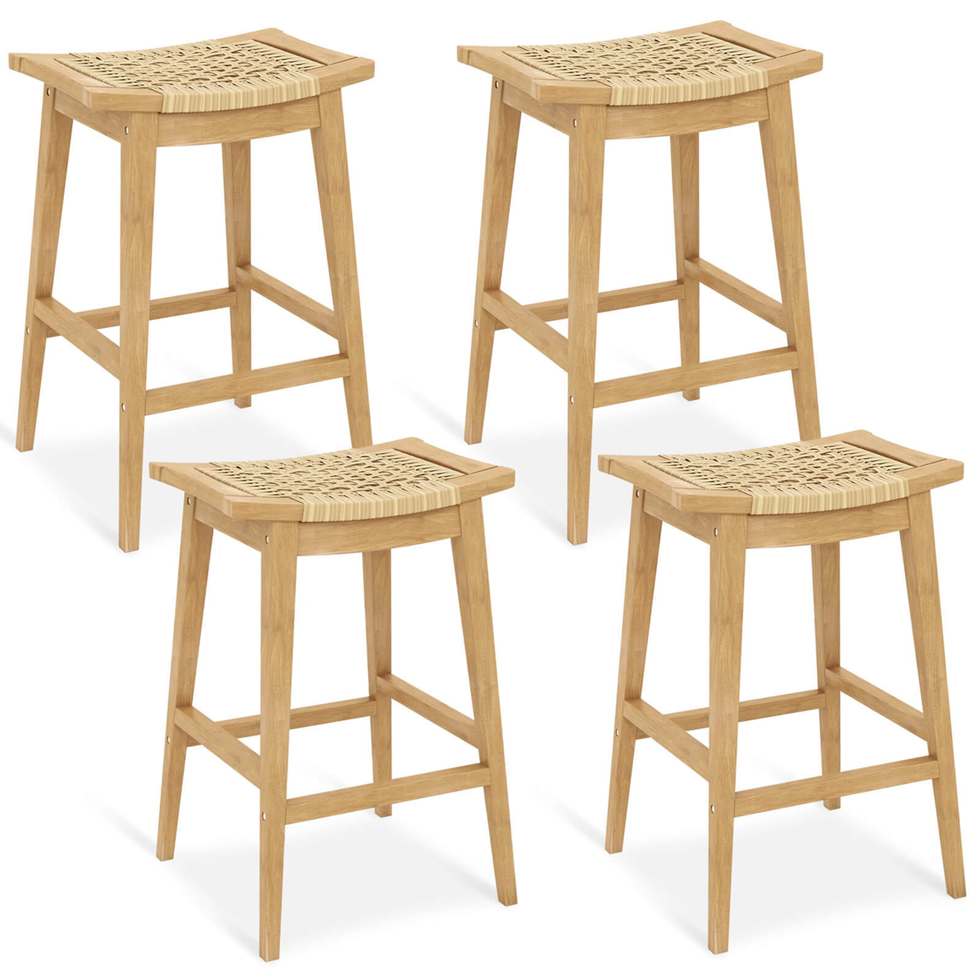 Natural Teak Wood and PE Rattan Bar Height Stools, Set of 4