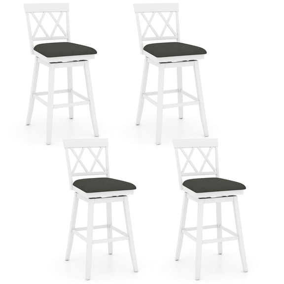 Costway 29" Bar Stool Wooden Chair Set of 4 with Contoured Backrest Swivel Padded Seat White