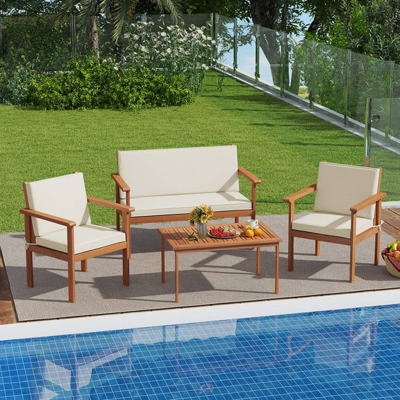 Costway 4 PCS Acacia Wood Conversation Set with Seat & Back Cushions Loveseat Armchairs