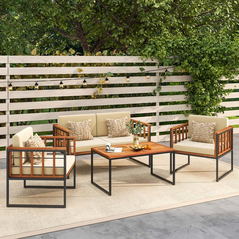 Costway 4 PCS Acacia Wood Outdoor Sofa Set with Heavy Duty Metal Frame Soft Seat