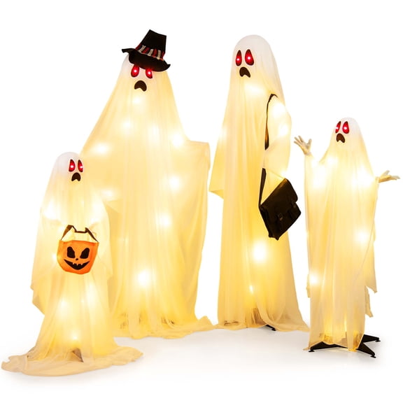 Costway 4 PCS Halloween Light up White Cloth Ghosts Life-size Standing Ghost Family with Red and Warm White LED Lights