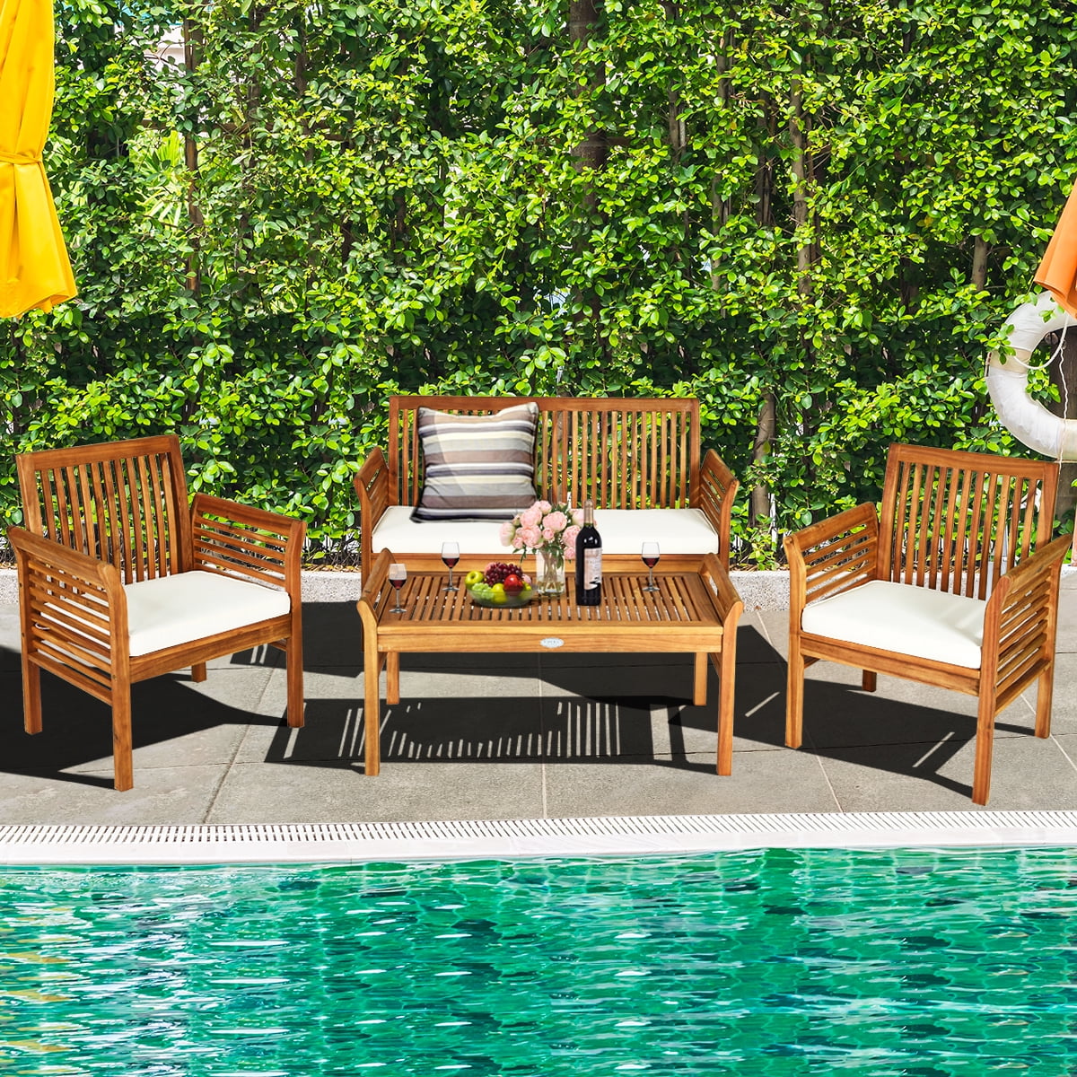 Free Shipping! Costway 4 PCS Outdoor Acacia Wood S