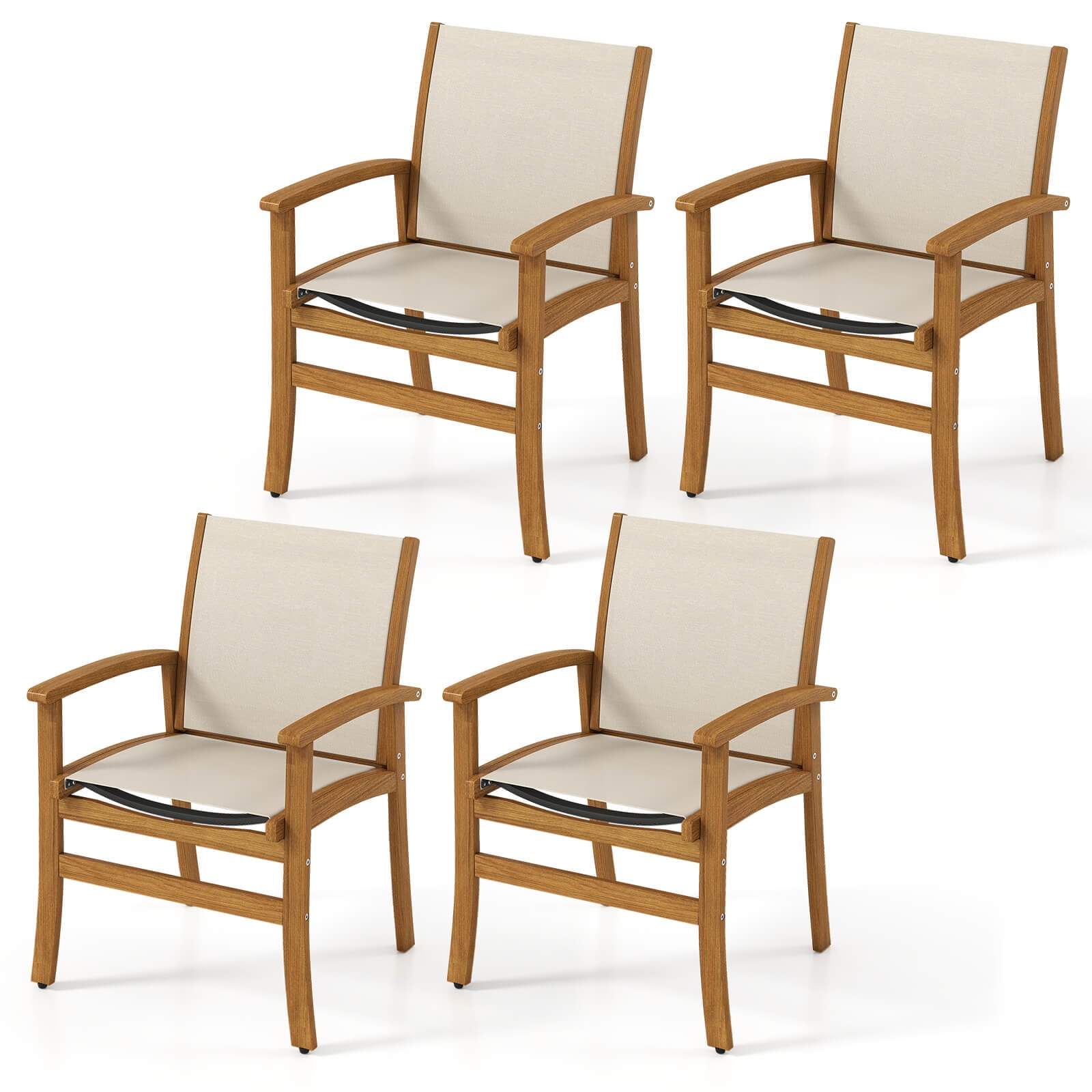 Costway 4 PCS Outdoor Dining Chairs Acacia Wood Patio Chairs with Breathable Fabric Seat