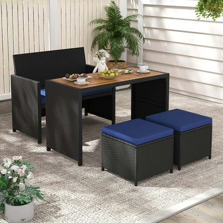Costway 4 PCS Outdoor Dining Set, Rattan Loveseat Chair & 2 Ottomans Blue