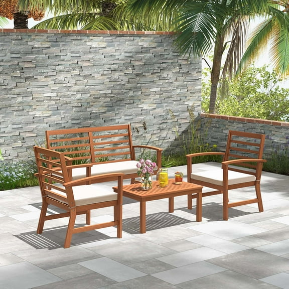 Costway 4 PCS Outdoor Furniture Set with Soft Seat Cushions Stable Acacia Wood Frame White