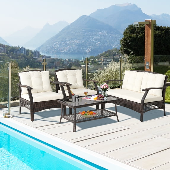 Costway 4 PCS Outdoor Rattan Conversation Set Patio Rattan Sofa Set W/ Protective Cover