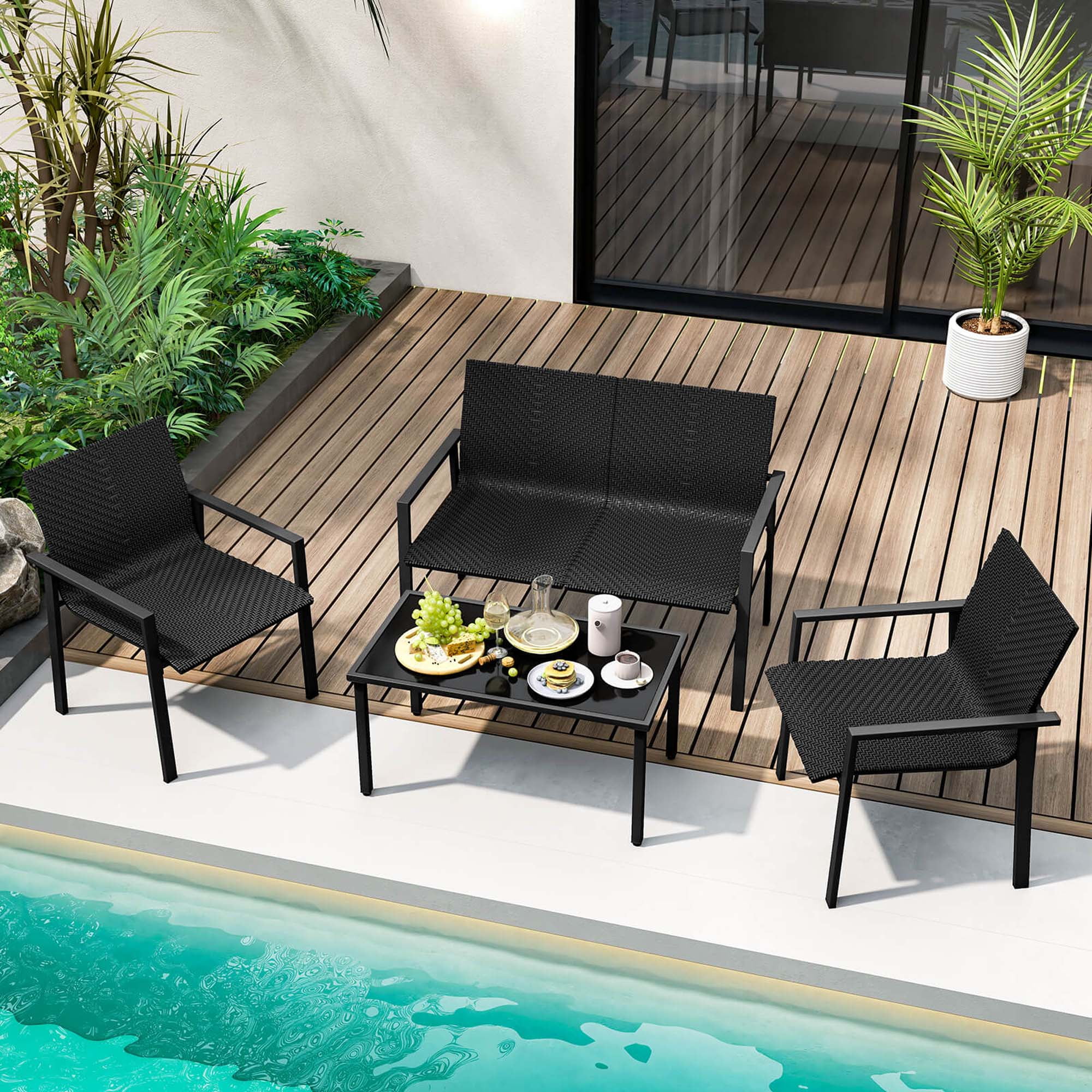 Costway 4 PCS Outdoor Wicker Patio Furniture Set w/ Heavy-Duty Galvanized Metal Frame Black