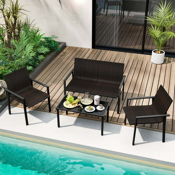 Costway 4 PCS Outdoor Wicker Patio Furniture Set with Heavy-Duty Galvanized Metal Frame Mix Brown